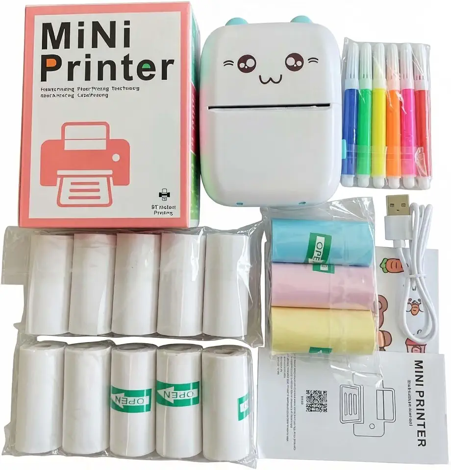 Mini Portable Printer, Inkless Wireless Bluetooth Thermal Sticker Printer with 5 Rolls Paper, Pocket Size for Journal Memo Photo Notes, Ideal Gifts for Girls Kids Students