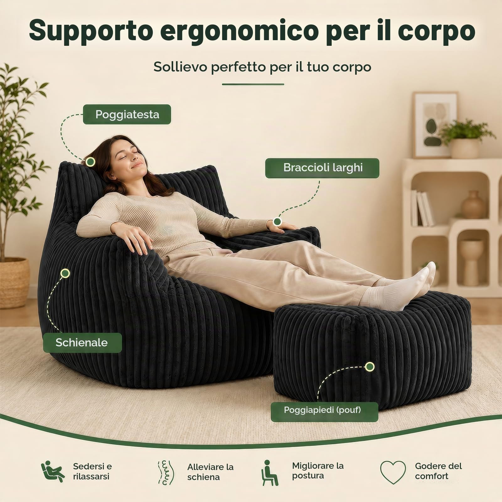 Pouf XXL per adulti con ottomana, poltrona reclinabile ergonomica con 5 zone di sostegno, fodera in coulisse, imbottitura in spugna ad alto rimbalzo, salvaspazio, per soggiorno, camera da letto e
