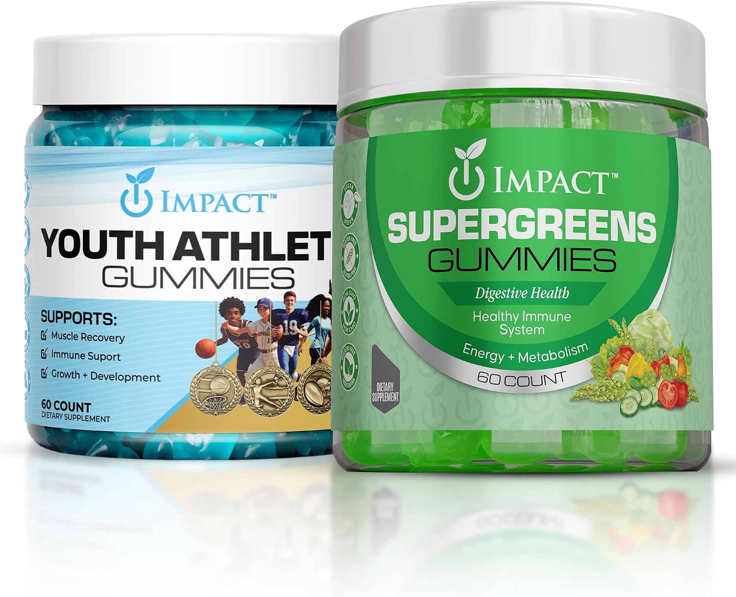 IMPACT Supergreens & Youth Athletic Gummies Bundle – Daily Multivitamin & Superfood Support for Kids & Adults – Fiber, Essential Nutrients, Omega-3, Zinc, & Immunity Boost – Vegan & Gelatin-Free (60)