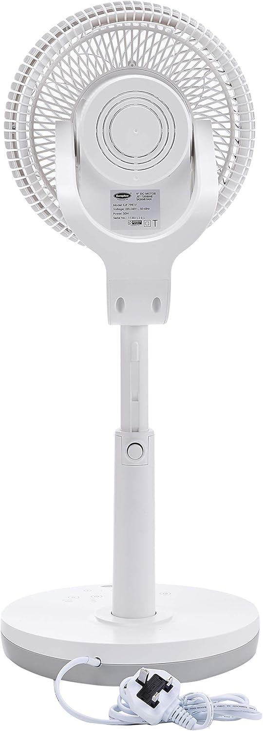 പിൻഭാഗം view of the EuropAce EJF 7981V fan, showing the power cord and plug.