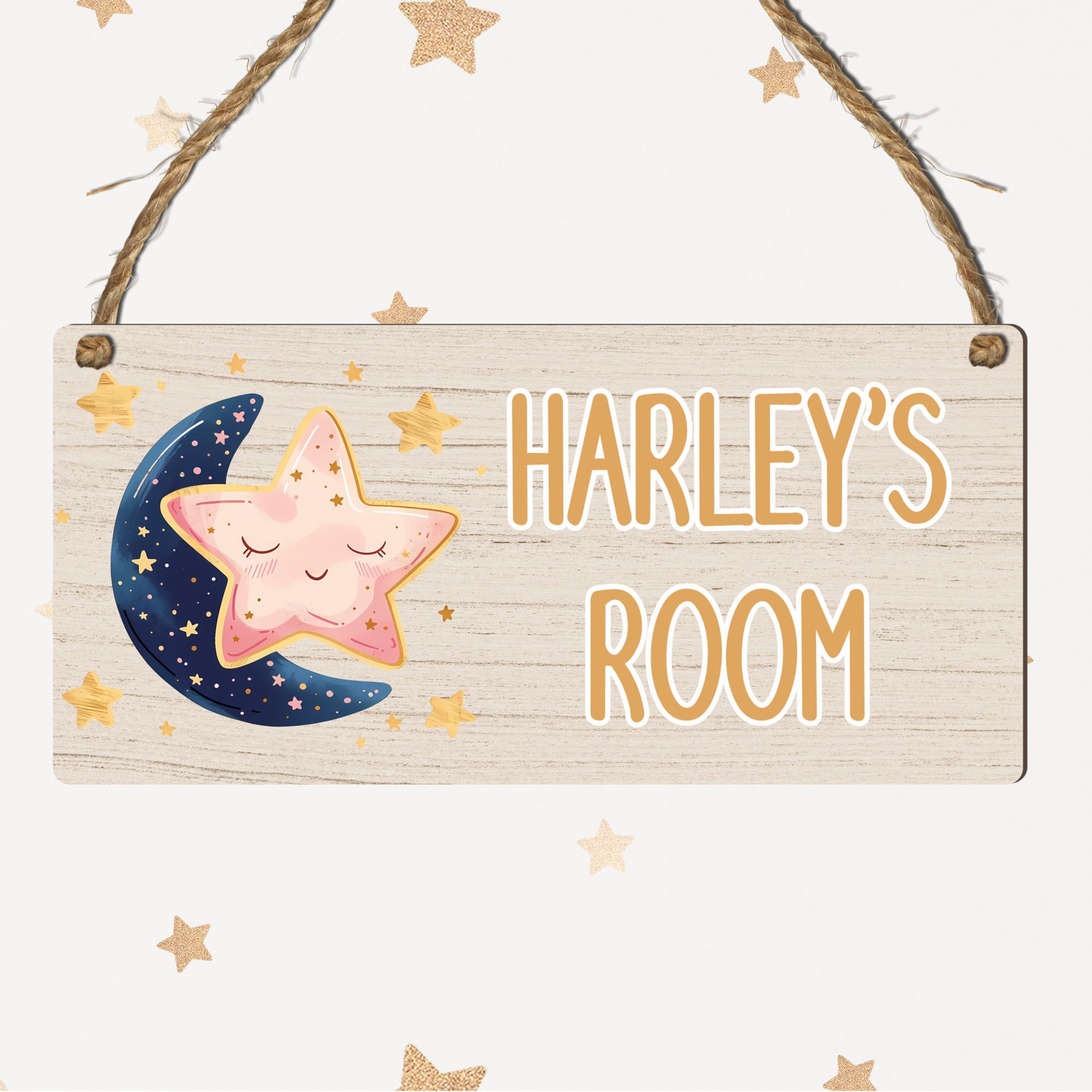 Custom Kids Room Name Plaque | Personalised Boys Bedroom Sign | Wooden Hanging Door Sign | Car, Dinosaur, Football, Tractor, Gaming Designs (Moon & Star)