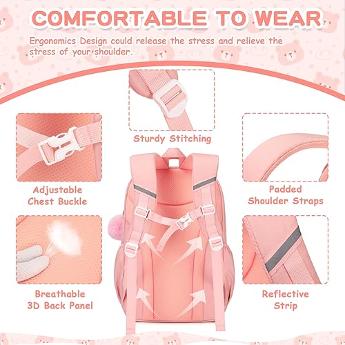 Miniatura 3 de Mochila infantil para niñas, bolsas escolares para estudiantes de secundaria, bolsa de libros para escuela primaria, Rosa y beige., Tamaño único