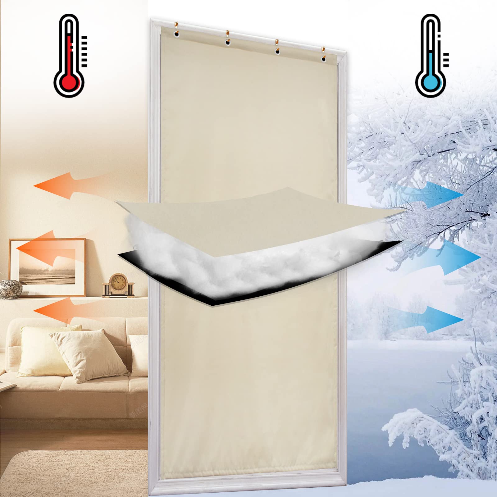 Herbst- und Winter-Baumwolltürvorhang-Haus verdickter winddichter Schallschutz-Wärmeschutz-warme Anti-Kälte-Lufttrennwand-hängende Vorhänge Klimaanlagen-Vorhang Beige 130 x 235 cm