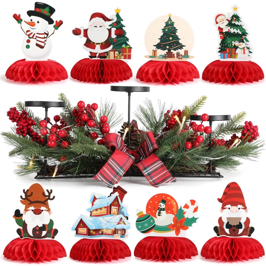 Portavelas de Navidad con cuerda de luz blanca cálida, 8 centros de mesa de panal, portavelas 3 en 1 con bayas rojas y lazos de cinta, decoraciones de Navidad de Papá Noel para el hogar