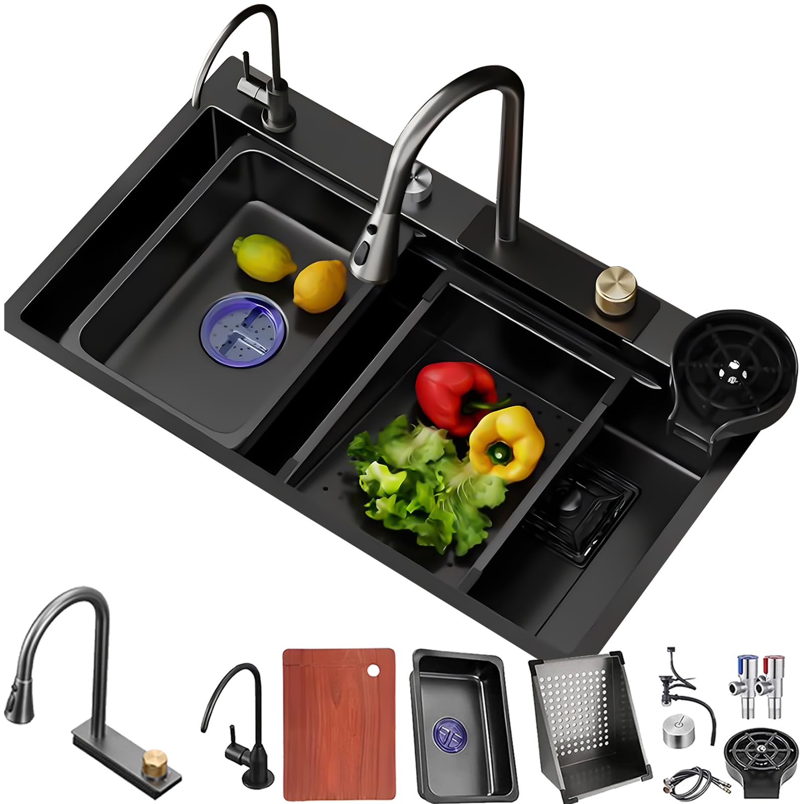 ZQFHSX Kitchen Sink, 304 Stainless Steel Nano Raindance Waterfall Single Bowl with Cup Washer Sinks, Drop-in Or Undermount Installation (Size : 68x45cm)