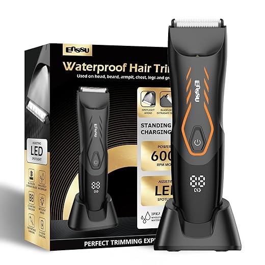 ENSSU Aparador de pelos corporais Manscape para homens, aparador de pelos da virilha pubiana para homens com lâmina segura, barbeador de bolas sem fio masculino com luz, base de carregamento, aparador (laranja)
