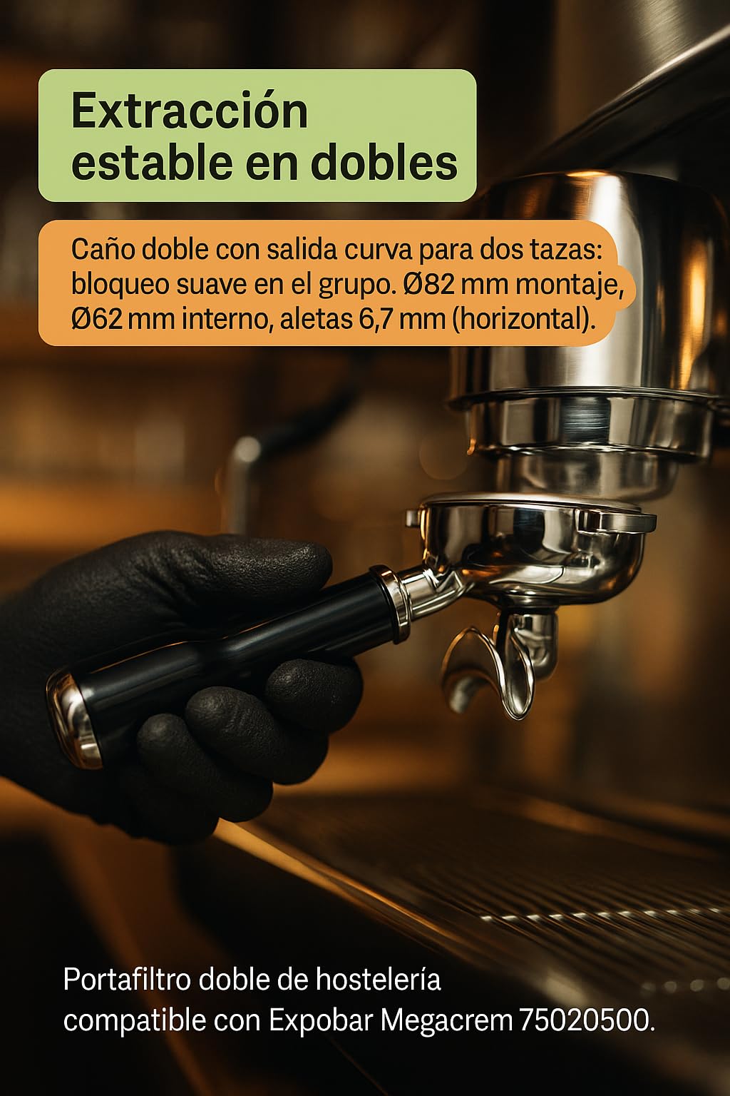 Portafiltro Doble 2 Vías Ø82 mm Ø62 mm Aletas 6.7 mm Salida Curva Caño 3/8 Acero INOX 75002500 Hostelería Máquinas Espresso Profesional Brazo Portafiltros Ajuste Preciso