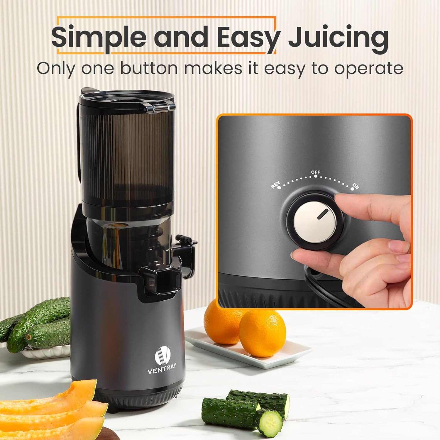 Ventray Slow Masticating Juicer Machine, 5.12" Extra Large Feed Chute Cold Press Juicer for Whole Vegetables & Fruits, 250w, High Juice Yield, Easy to Clean, with Brush, Fit for Batch Juicing