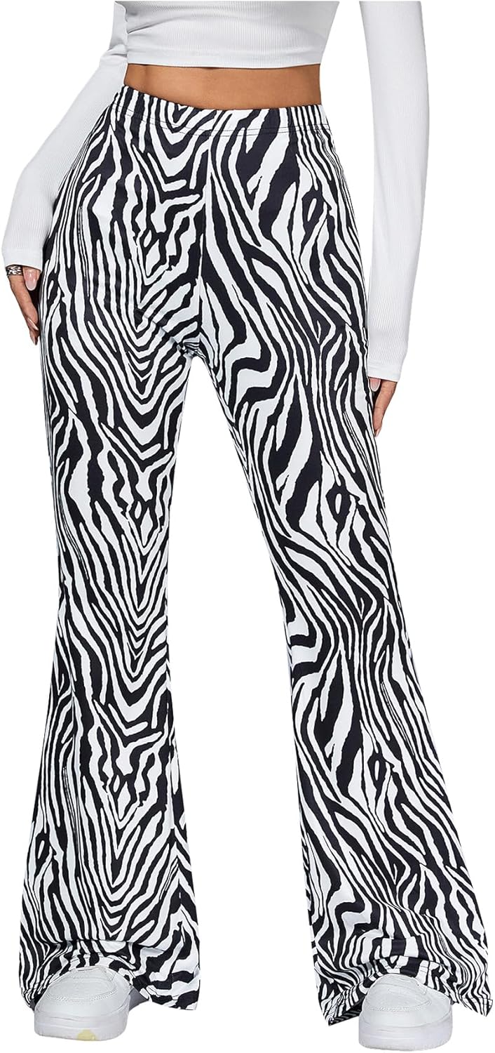 SOLY HUX Women's Zebra Striped Flare Leg Pants Elastic High Waisted Casual Long Pants Trousers