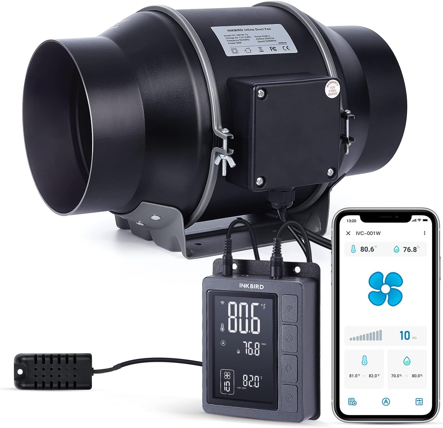 Inkbird Inline Duct Fan IVC-001W 15CM with Smart Controller Variable Fan Speed Temperature and Humidity Control HVAC Vent Blower for Grow Tents Vertical Farms Kitchens Basements (UK Plug), Black