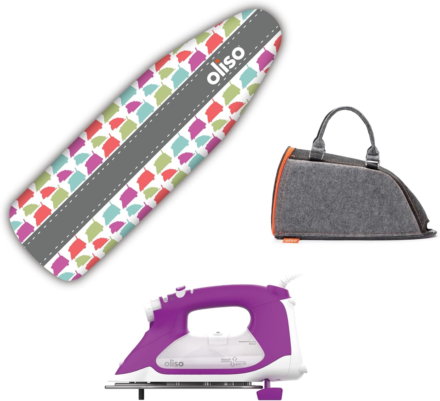 Oliso TG1600 Pro Plus 1800 Watt SmartIron with Auto Lift | Diamond Ceramic-Flow Soleplate Steam Iron (Purple) + Oliso Carry Bag for full-size irons + Ironing Board Cover (Silhouette)