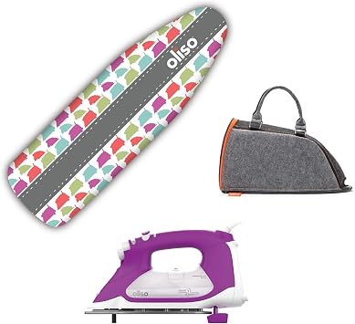 Oliso TG1600 Pro Plus 1800 Watt SmartIron with Auto Lift | Diamond Ceramic-Flow Soleplate Steam Iron Purple + Oliso Carry Bag for full-size irons + Ironing Board Cover Silhouette