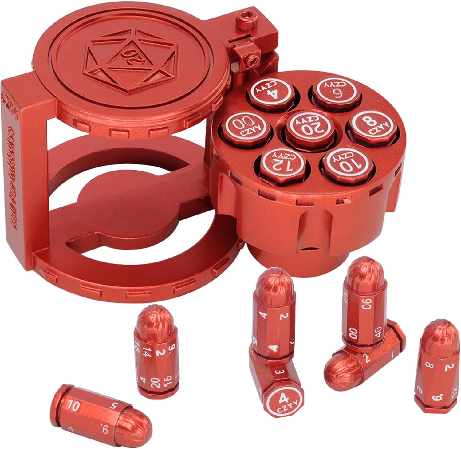 CZYY Metal Polyhedral Bullet Dice Set of 7 with Spinning Revolver Cylinder Container - Cyberpunk Style Dice for Warhammer 40K, D&D, Sci-Fi, War, or Crime Theme Tabletop Games (Red)