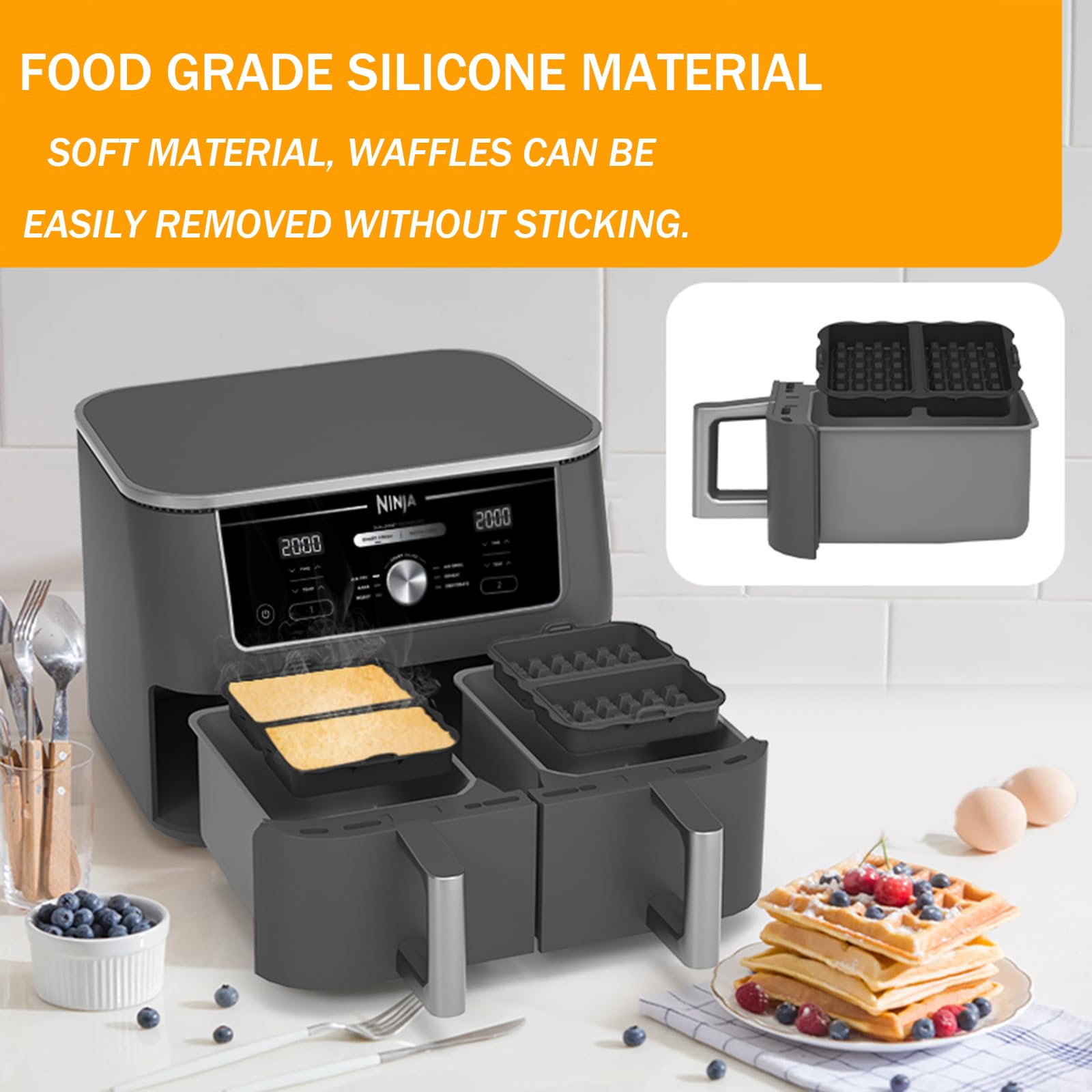 Ninja Accessoires voor heteluchtfriteuse, 2 stuks, wafelijzer, accessoires voor heteluchtfriteuse, compatibel met Ninja AF400EU, AF451EU, SL400EU en AF500DE, Belgisch wafelijzer, siliconen accessoires