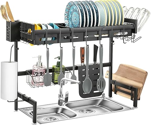 GlowSol Escurridor de platos de acero inoxidable para colocar sobre el fregadero, escurridor de platos multifuncional ajustable para almacenamiento