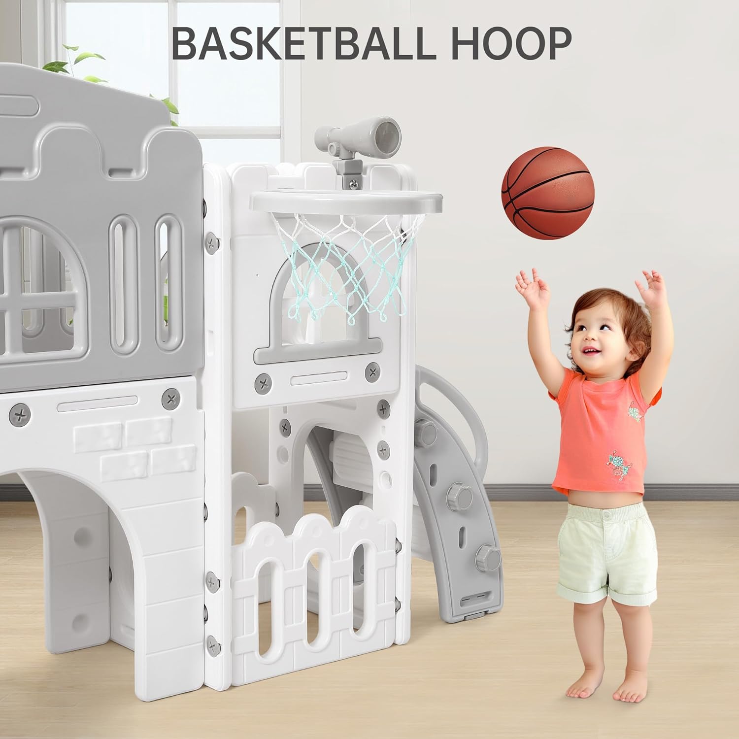 Toddler Slide 8 in 1 Toddler Playset for Toddlers Age 1-3, Baby Playset for Indoor Outdoor Playground with Climber, Crawling Tunnel, Basketball Hoop, Telescope, Toy Storage