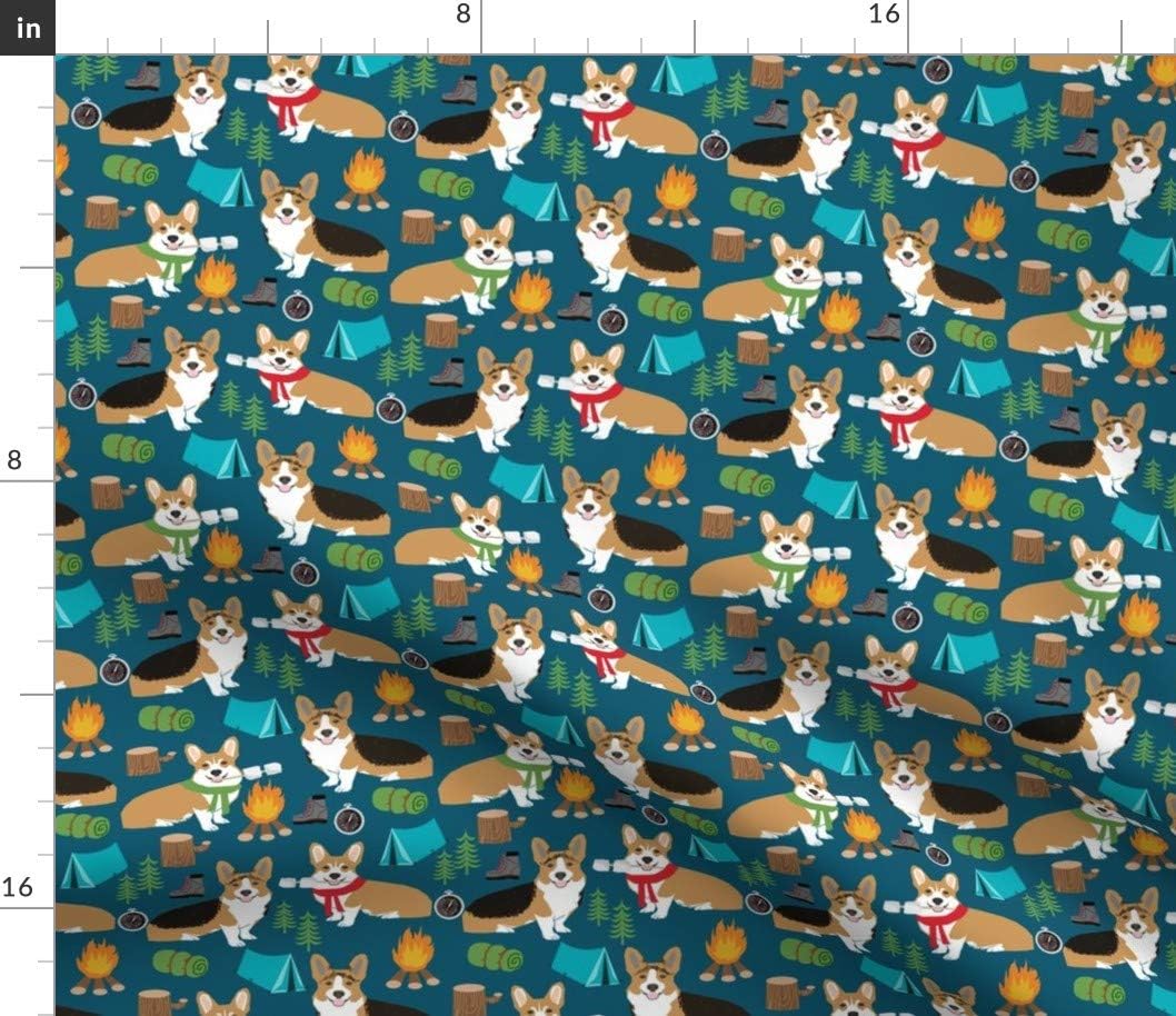 Spoonflower Fabric - Corgi Camping Aspen Campfire Dogs Breeds Navy Corgis Welsh Printed on Petal Signature Cotton Fabric by The Yard - Sewing Quilting Apparel Crafts Decor