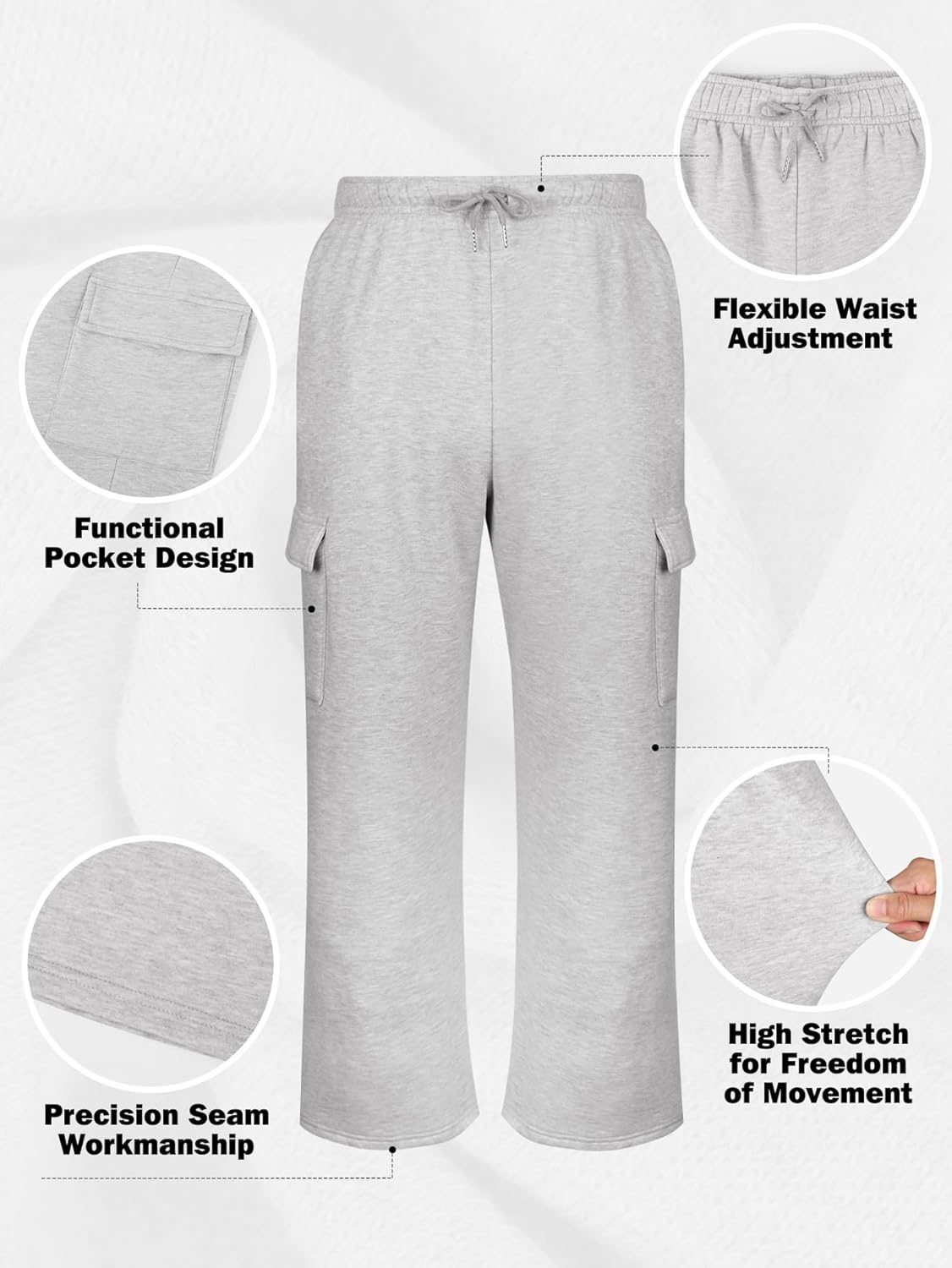 Gihuo Cargo Sweatpants for Men Athletic Baggy Fleece Pants Open Bottom Wide Leg Drawstring Joggers with Pockets - Image 5