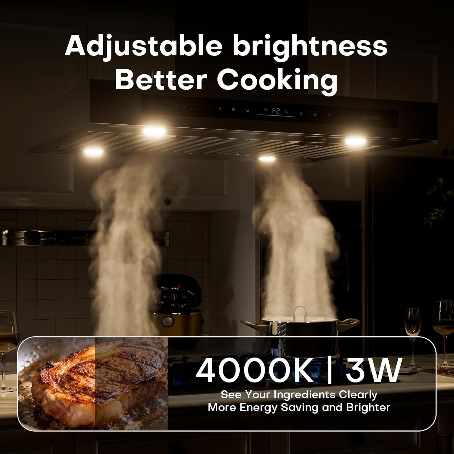 BRANO Island Range Hood 30 Inch with 900 CFM 4 Speeds，Voice/Gesture/Touch Control Kitchen Hood, Ducted/Ductless Convertible，Adjustable Lights Stainless Steel Vent Hood