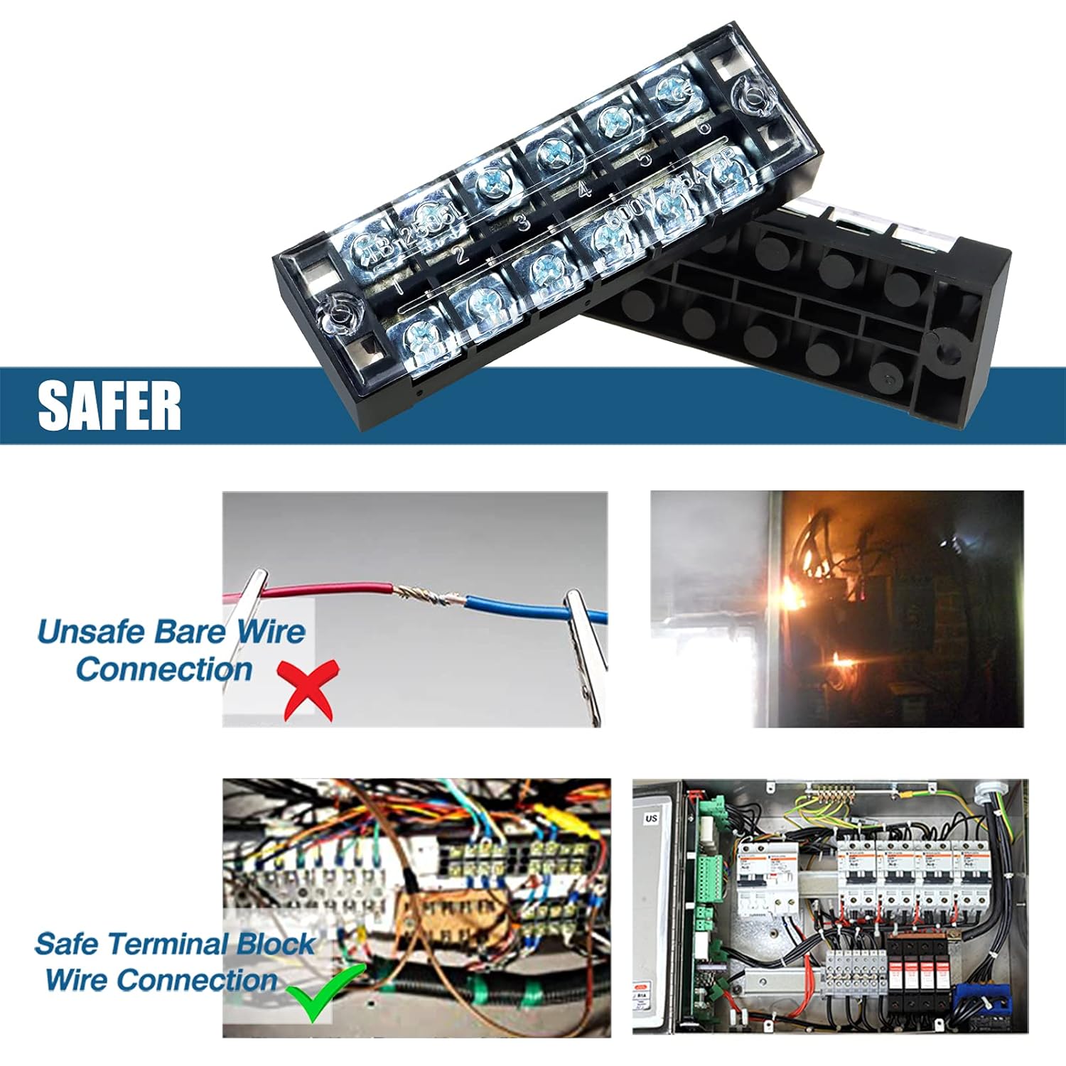FIXITOK Terminal Strip Block - 5 Sets 6 Positions 600V 25A Electrical Junction Block With Cover - Dual Row Screw Terminal + 400V 25A Pre-Insulated Barrier Strip Jumper