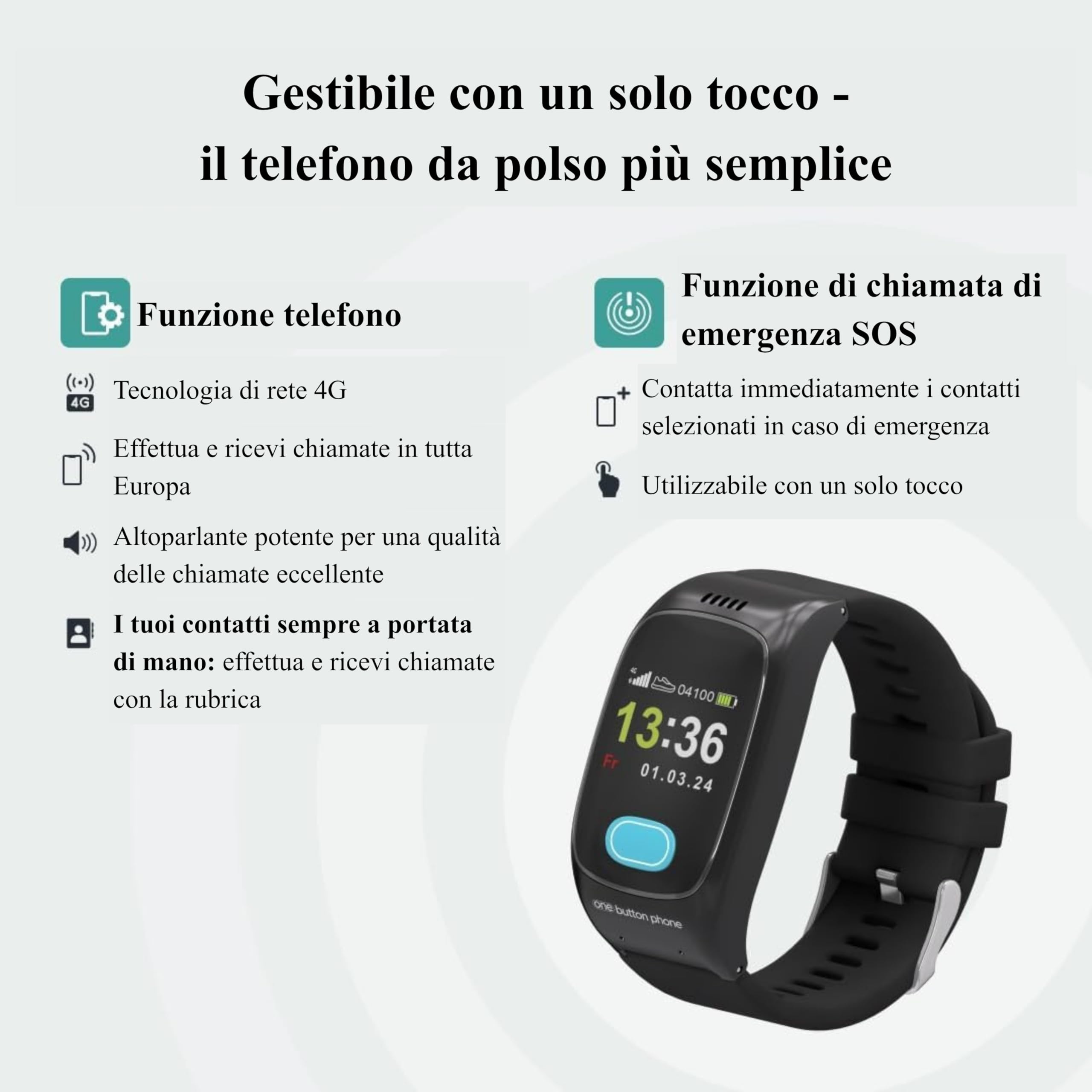 Orologio di Emergenza per Anziani con GPS | | Pulsante SOS, Rilevamento Cadute, Monitoraggio Parametri Vitali, Nessun Abbonamento