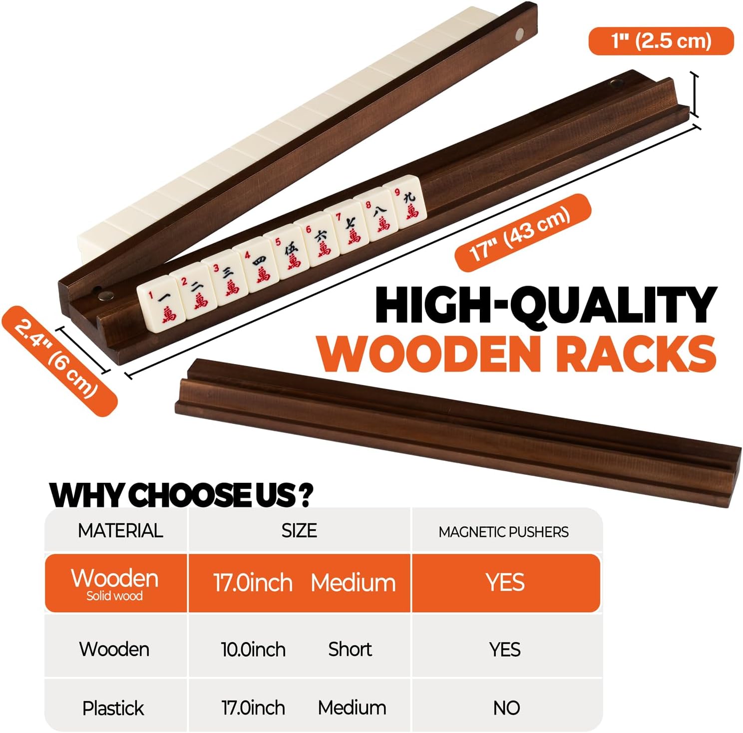 MUTEX American Walnut Wood Mahjong Racks with Pushers, 4pcs Mahjong Racks Set for Mahjong/Mexican Train/Dominoes, Elegant Wooden Mahjong Tiles Racks Pusher - 17.5 Inches