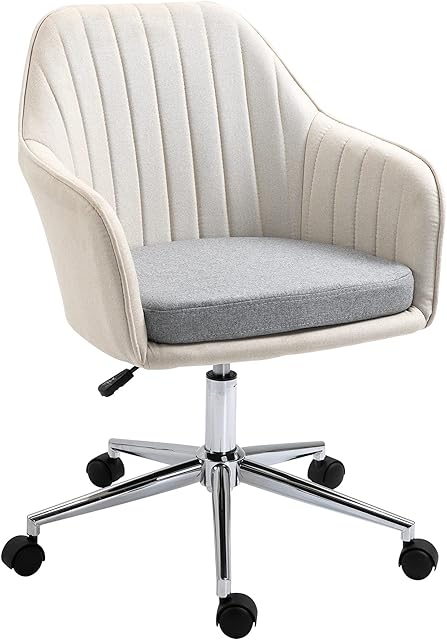 Vinsetto Leisure Office Chair Linen Fabric Swivel Scallop Shape Computer Desk Chair Home Study Bedroom with Wheels, Beige