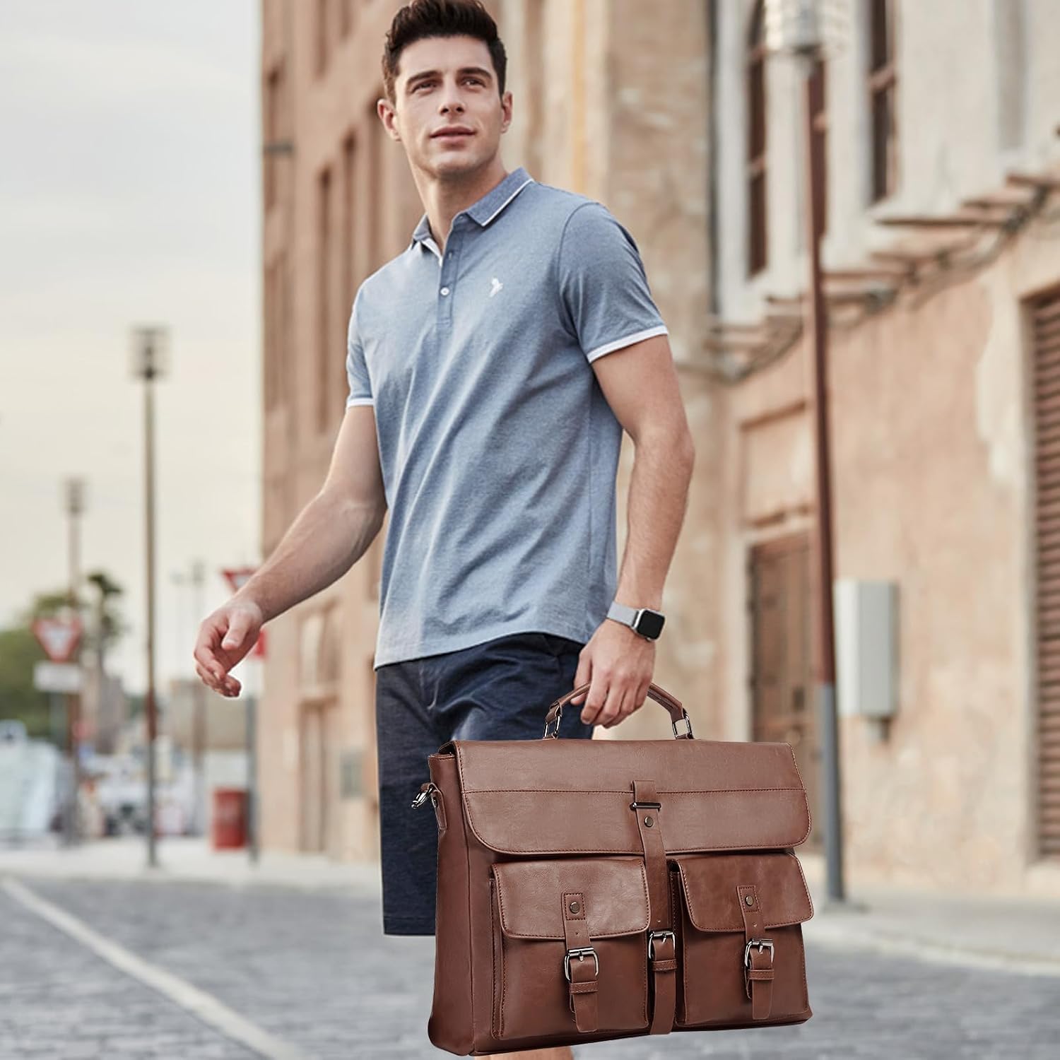 Leather Messenger Bag for Men,Vintage Mens Laptop Bag Water Resistant Business Travel Briefcase Satchel Work Computer Bag | Leather, Vintage, Mens, Water Resistant, Business, Travel - Image 2