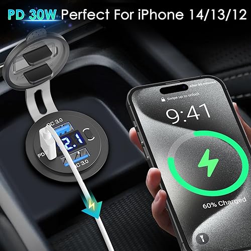 Miniatura 2 de Enchufe de cargador de coche USB C de 12 V, paquete de 2 carga rápida dual 3.0 y PD USB C puertos USB C para automóvil, salida USB de 12 voltios con