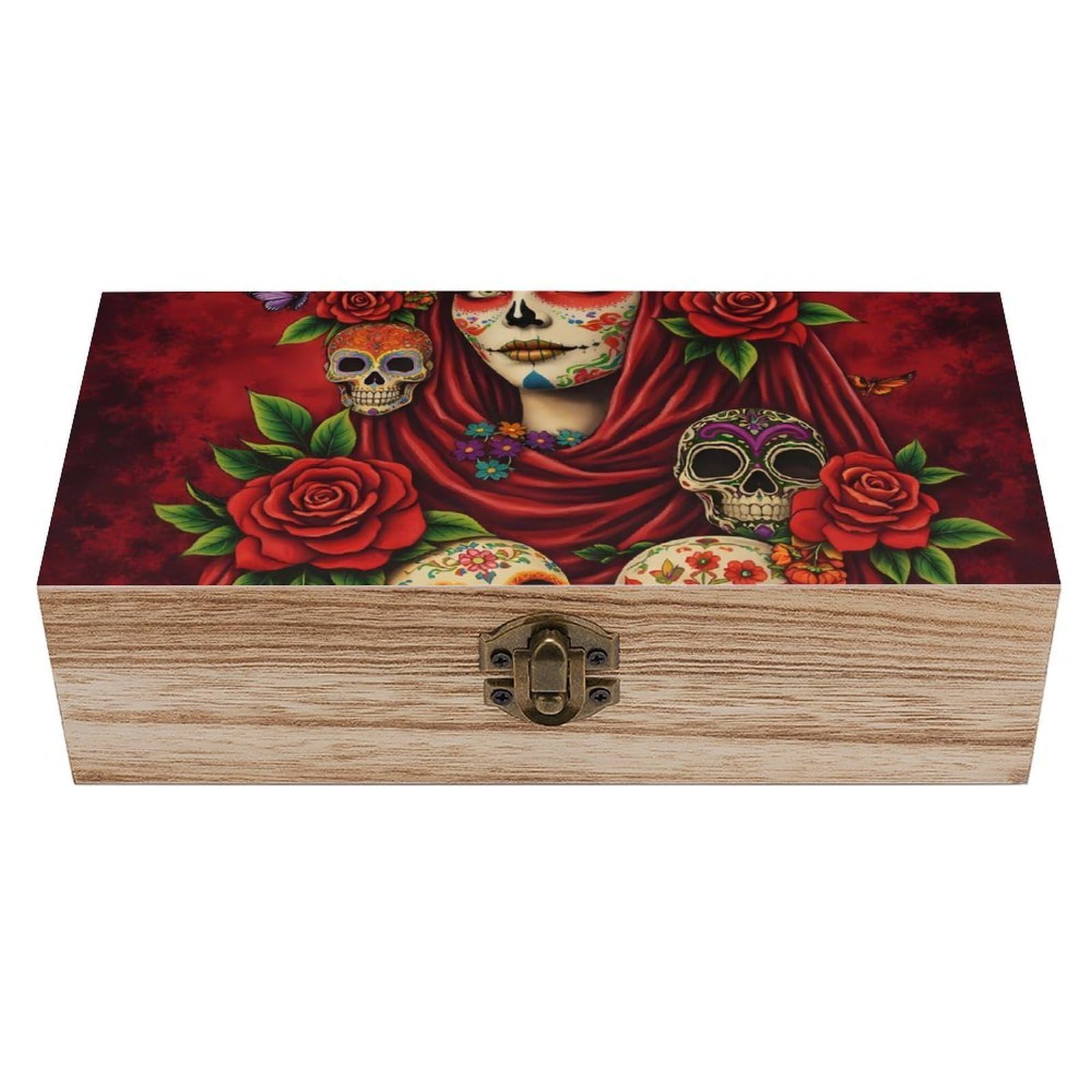 HLBSDM Mexican Red Rose Sugar Skull Floral Women Day of The Dead Ar(1) Wooden Storage Box