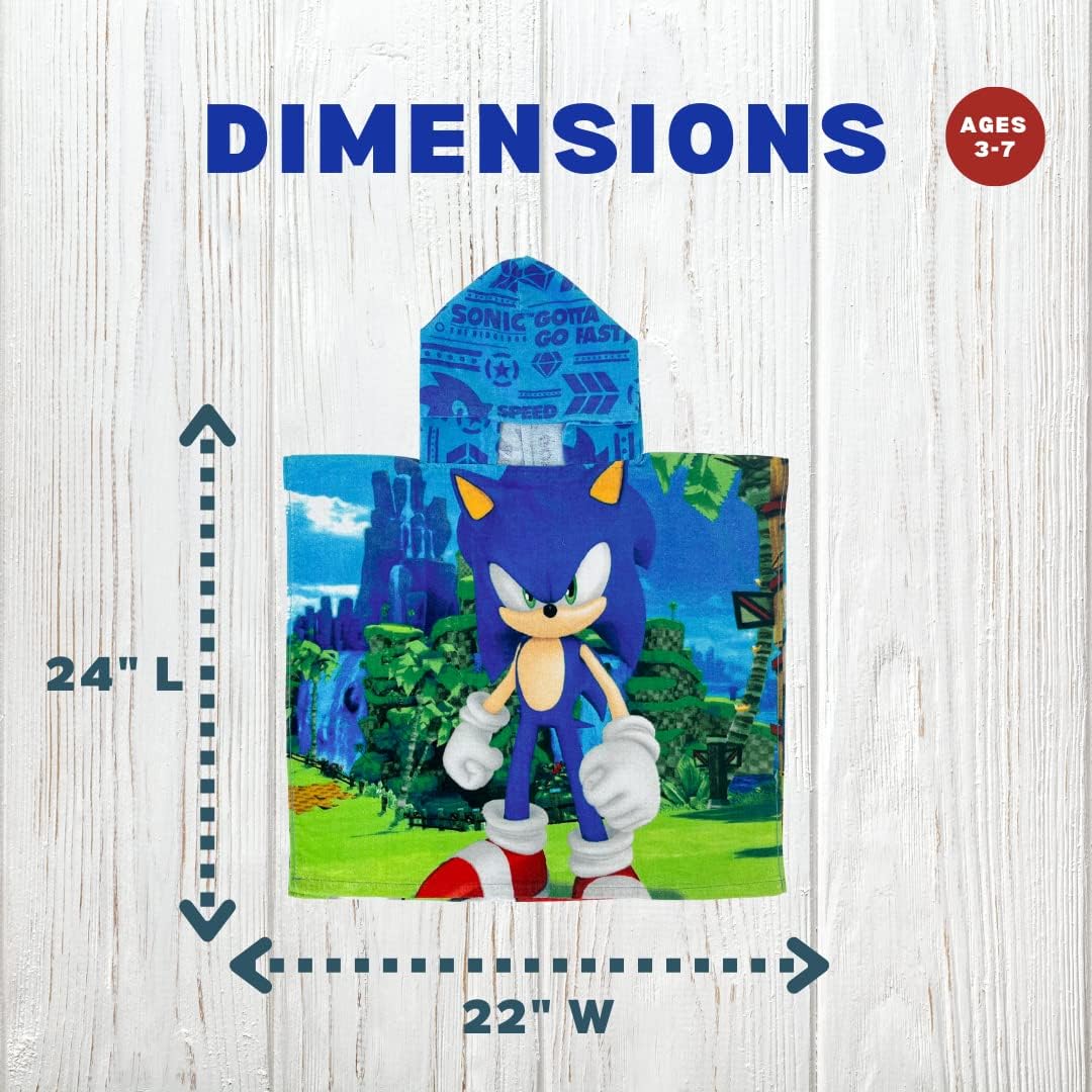 Sonic Anime Kids Beach/Pool/Bath/Camping Hooded Towel Poncho 24" X 22", Absorbent Cotton Cover up, (Official Licensed Sega Product) By Franco