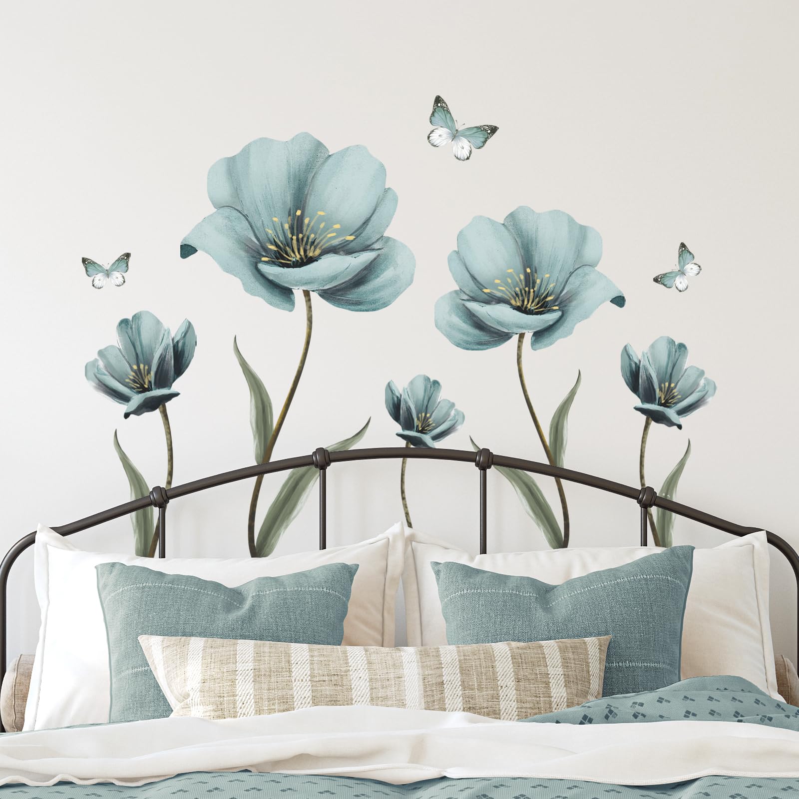Tanlaby Vintage Flower Wall Sticker Large Blue Flower Wall Stickers, Vintage Floral Butterfly Wall Decals, Wall Art Sticker For Bedroom Living Room Office Sofa Backdrop Tv Wall Home Decor