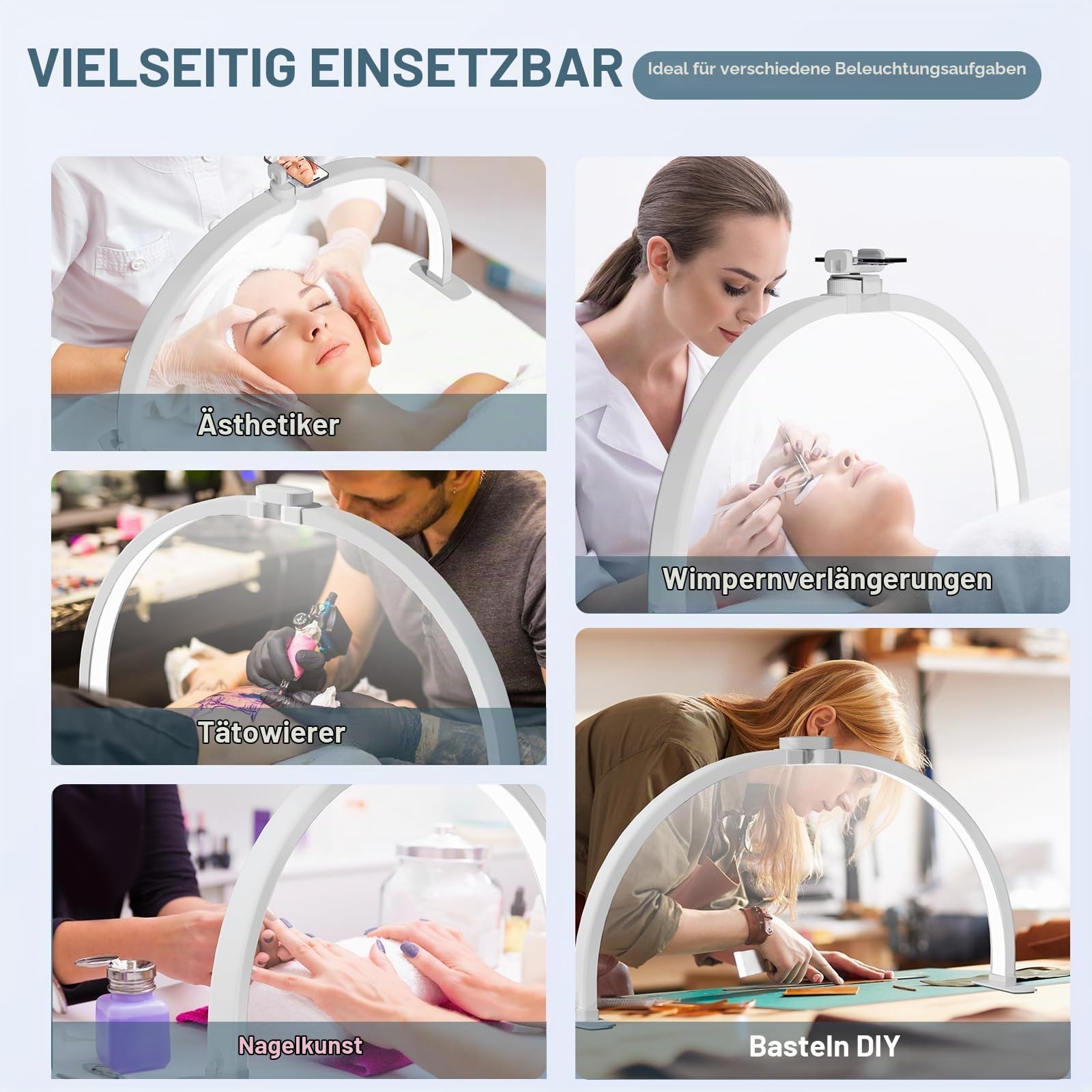TopDirect Halbmond-Lampe, 29 Zoll, 42 W, Lampe zur Verlängerung der Wimpern mit Telefonhalterung, Schreibtischlampe für Kosmetiker, Nageltechniker und Kosmetiker, 3000 K-6500 K(Weiß, 73cm)