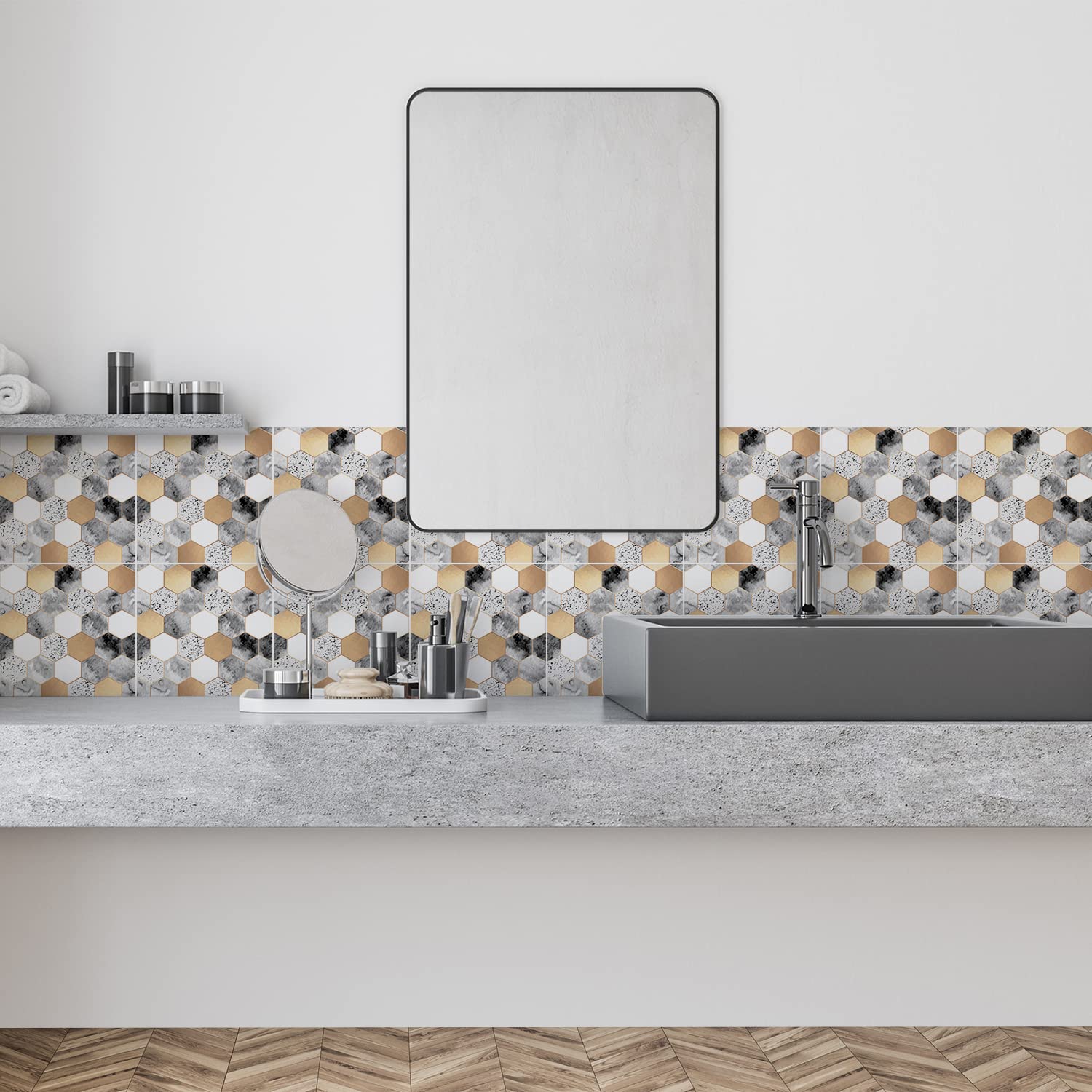 Alwayspon 12PcsX15cm/6inch Vinyl Wall Tile Sticker Transfer, Waterproof Sticky Back Tile Sticker for Kitchen Bathroom Self-adhesive Peel and Stick PVC Stick on Tile, Grey and Gold Marble Effect