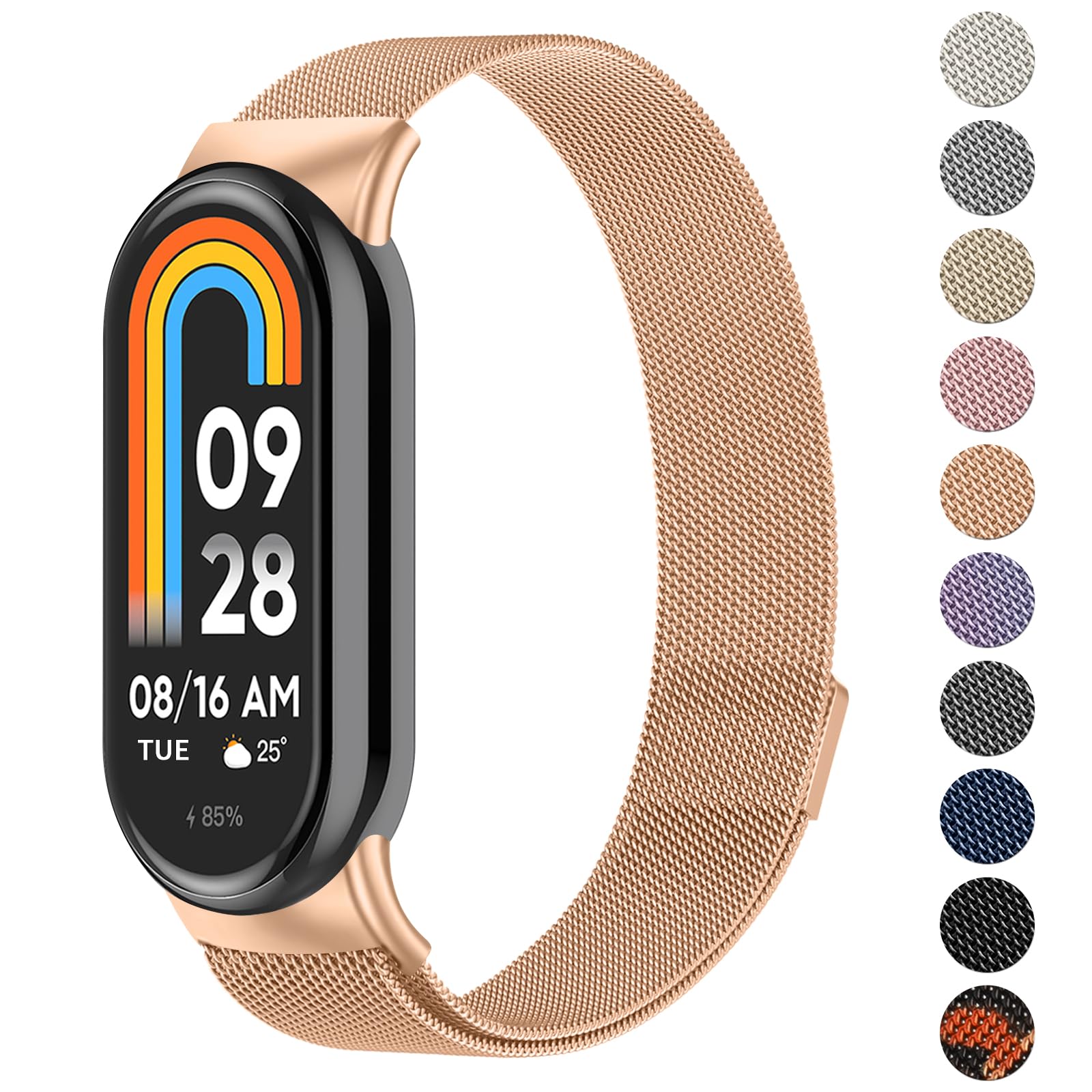 Tobfit Metal Strap for Xiaomi Smart Band 10/Mi Band 9/8, Breathable Stainless Steel Mesh Loop Adjustable Metal Replacement Bands Rose gold