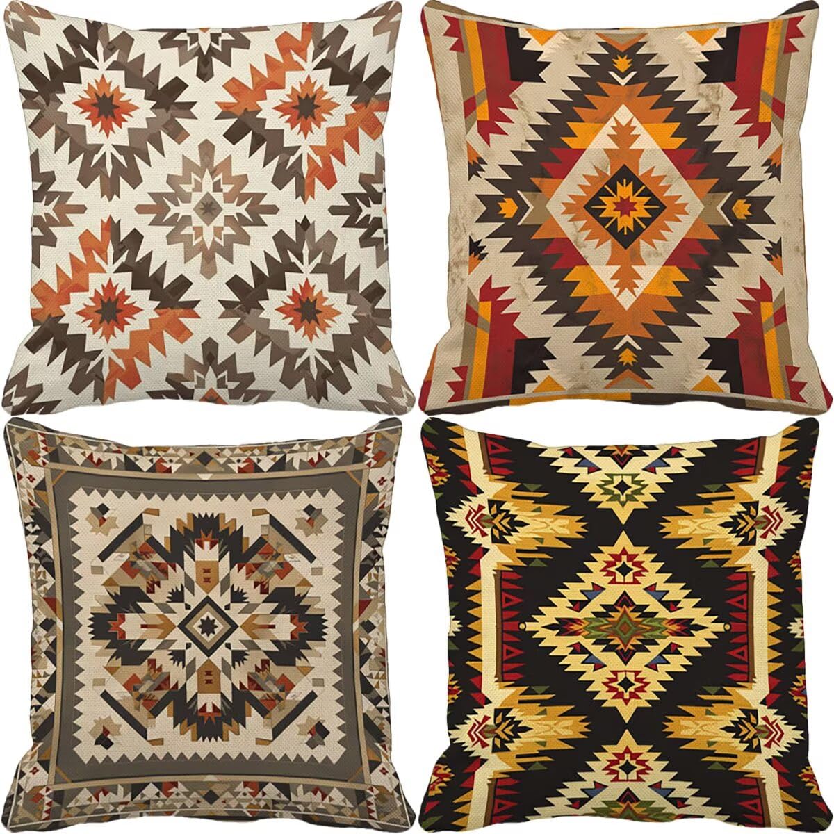 Poszewki na poduszki 75 x 75 cm, zestaw 4 bohemy, kwadratowe, na sofę, geometryczne, dekoracyjne, super miękkie, z niewidocznym zamkiem błyskawicznym, na kanapę, do sypialni, salonu, dekoracja domu