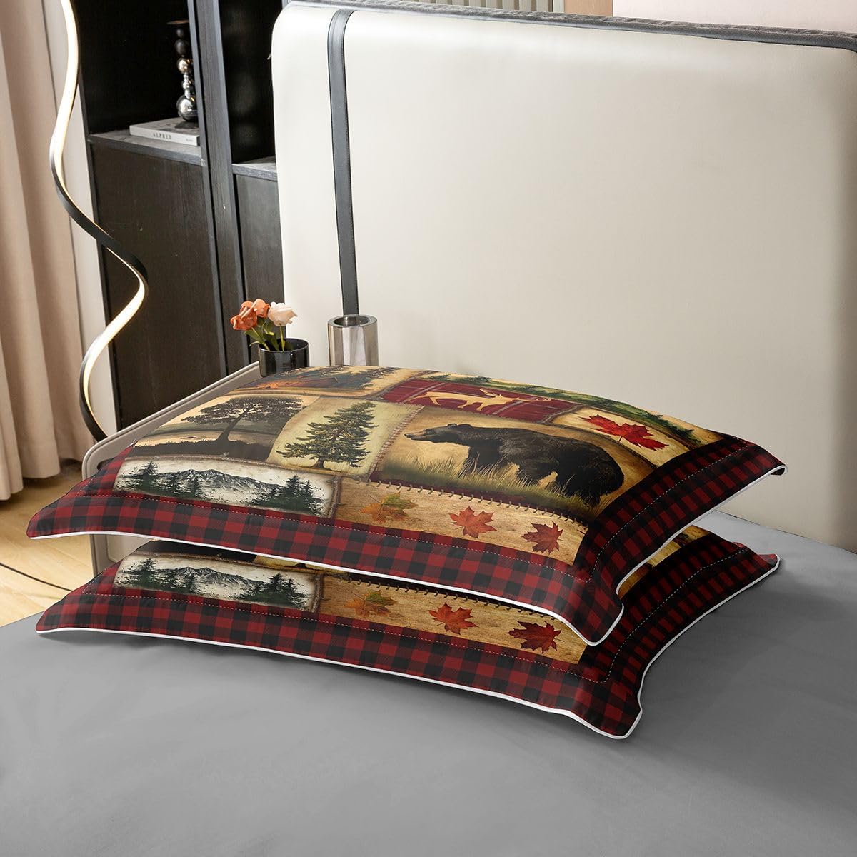 Bear Cabin Plaid 100% Cotton Duvet Cover Twin, Rustic Farmhouse Comforter Cover, Retro Hunting Deer Bedding, Country Woodland Pine Tree Bed Set, Maple Leaf Lodge Decor Quilt Cover, Red Black Brown