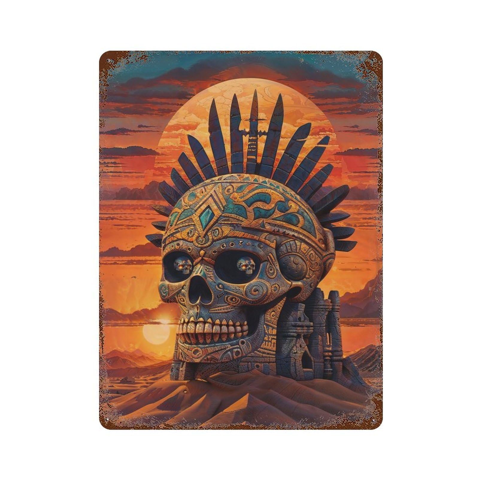 Rust Effect Tribal Sunset Skull Distressed Metal Wall Sign 15.7"x11.8", Farmhouse Wall Decor for Office, Studio And Wall Decor