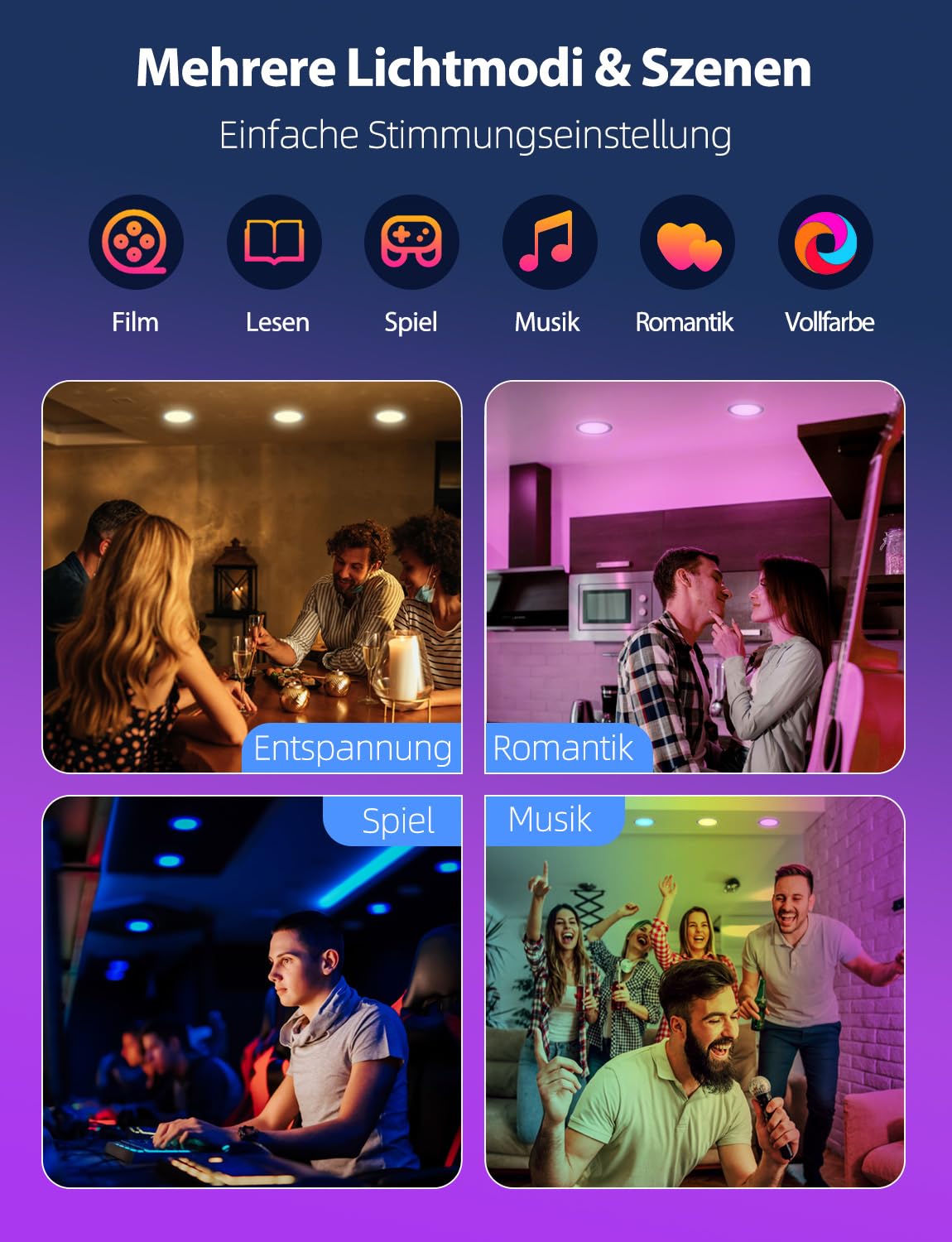 iLC LED Einbaustrahler 8W(ersetzt 60W), Ausschnitt 68-85mm, 16 Millionen Farben mit App-Steuerung, 800lm, 2700K-6000K+RGB, Bluetooth Rund Deckenspots IP44 für Wohnzimmer Schlafzimmer Küche (8er-Pack)