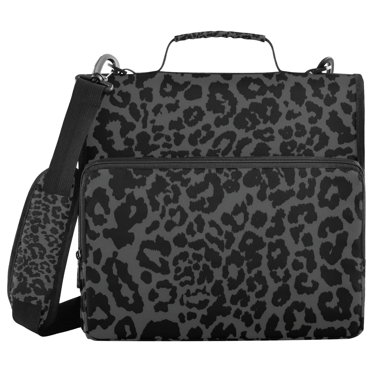 BOENLE 3 Ring Binder Zipper Binders Black-White Leopard Print Expanding File Folder Bag with Shoulder Strap