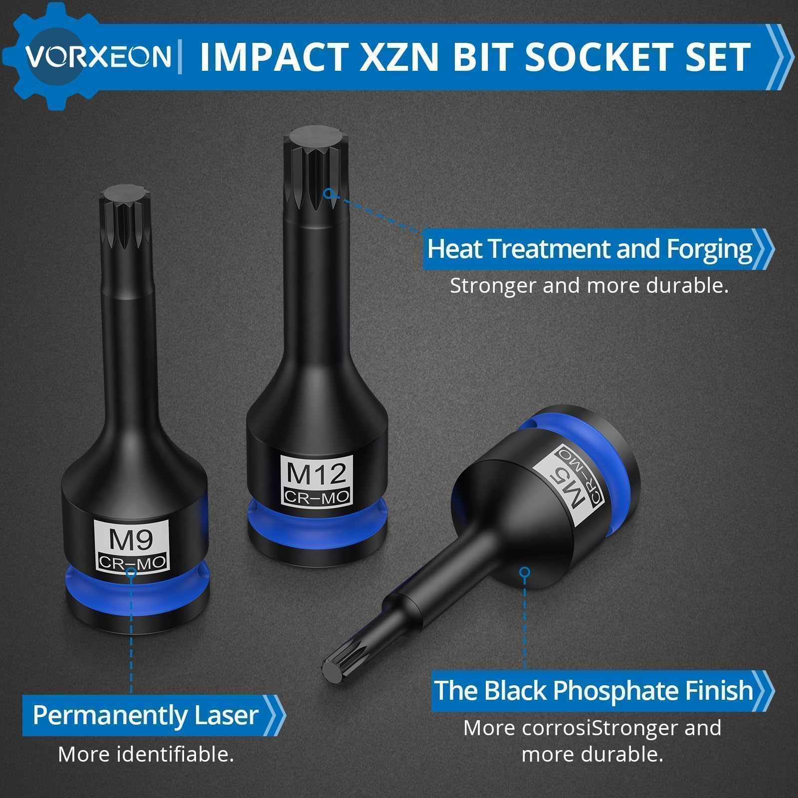 VORXEON 10Pcs 1/2" Drive Impact XZN Bit Socket Set 42CRMO 1/2" Drive Impact Triple Square Spline Bit Socket Set M5 M6 M7 M8 M9 M10 M12 M14 M16 M18 with Storage Case - Image 4