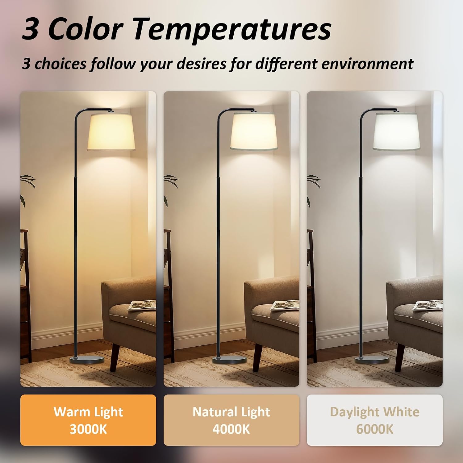AKASUKI Floor Lamp for Living Room with 3 Color Temperatures, Foot Switch Standing Lamps for Living Room, Bedroom, Office, Arc Mordern Floor Lamp with 9W LED Bulb Included