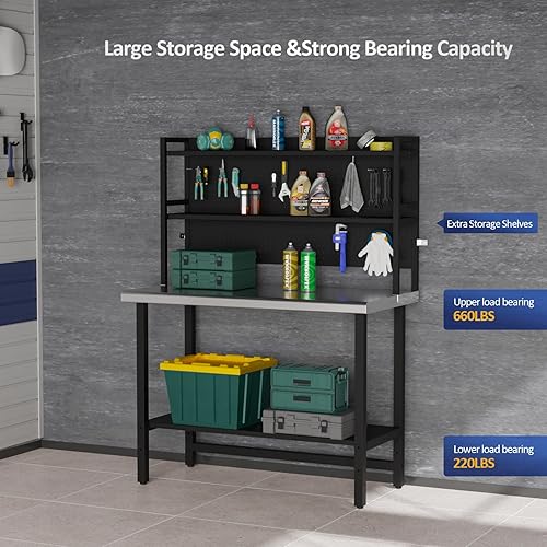 Miniatura 4 de ROVSUN Mesas de acero inoxidable de 48 x 24 pulgadas con estantes ajustables de 2 niveles, mesas de trabajo de preparación de cocina comercial con