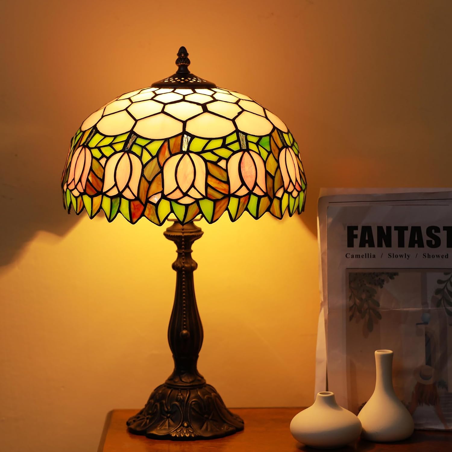 Tiffany Lamps Pink Tulip Style Stained Glass Table Lamp Desk Bedside Reading Light 12X12X18.5 Inches with Bronze Resin Base Applicable to Bedroom Living Room Office