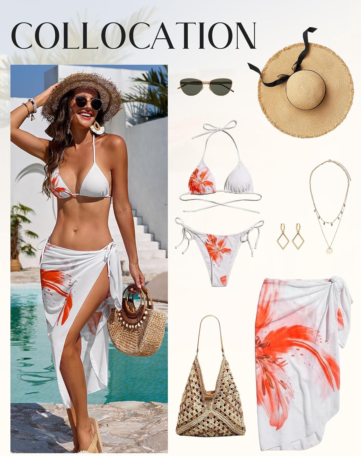 Women's 3 Piece Floral Print Swimsuit Sexy Halter Side Tie Triangle Bikini Set with Mesh Coverup Long Skirt