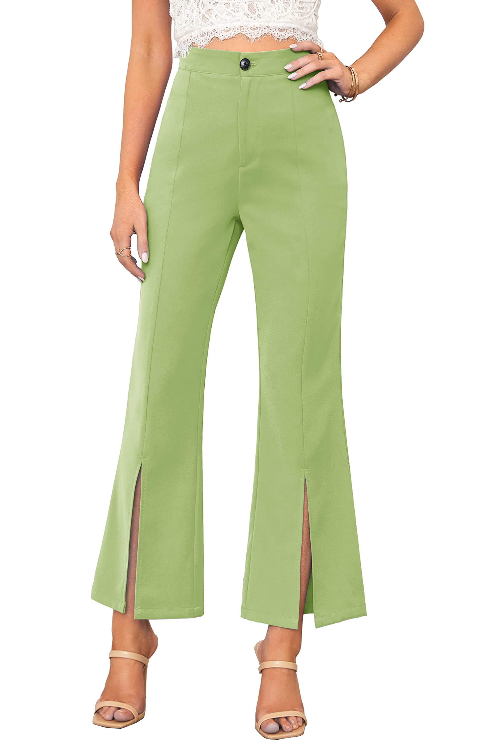 Photo 1 of Ermonn Womens Casual Wide Leg High Waisted Split Front Pants Button Down Straight Long Trousers Flared Pants Medium Light Green