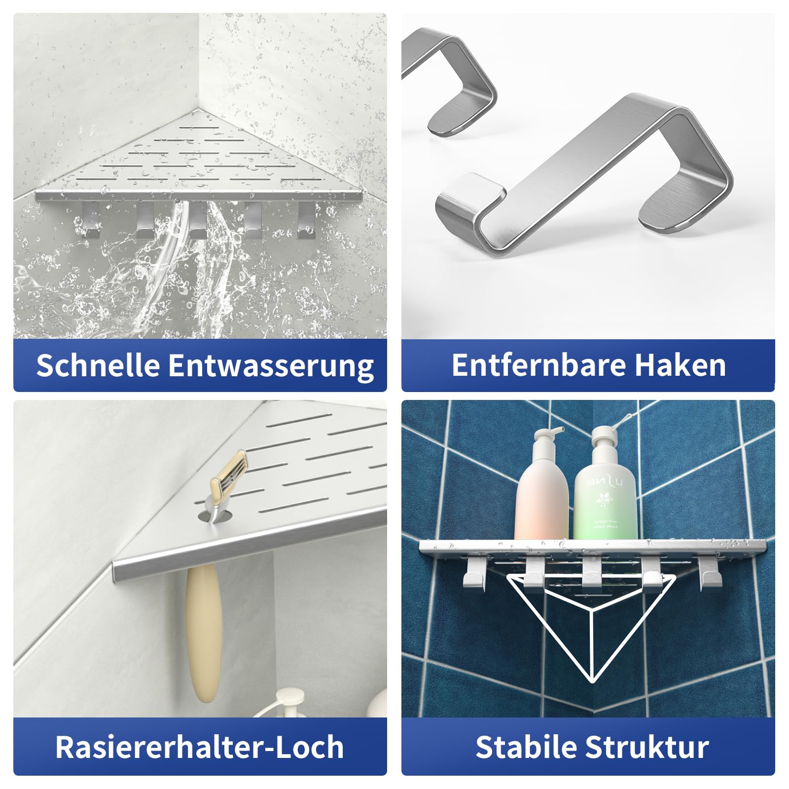 Eck-Duschregal Edelstahl 304,Eckregal Dusche für geflieste Wände | 25,4 cm Duschablage Ecke für Badrenovierung, Eckablage Dusche für geflieste Wände, gebürstet