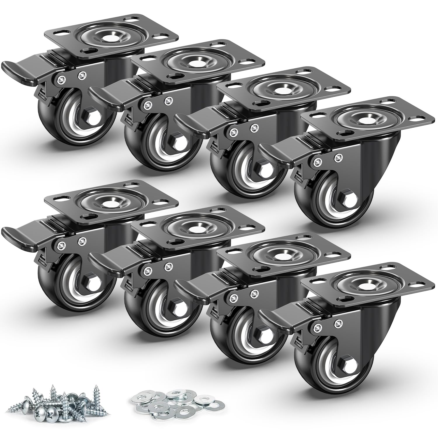 2 inch Caster Wheels Heavy Duty Swivel Casterswith Safety Brake Total Capacity 1200lbs (Set of 8) Good for Industrial or Furniture