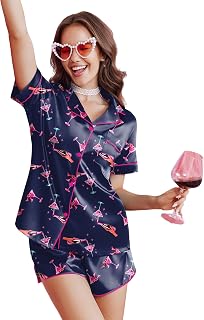 Ekouaer Silk Satin Pajama Set for Women Funny Graphic Sleepwear S-5XL | Button Down, Side Split Shorts, Short Sleeve Top and Shorts for Daily, Party, Holidays, Gifting, Travel, Wedding, Nursing