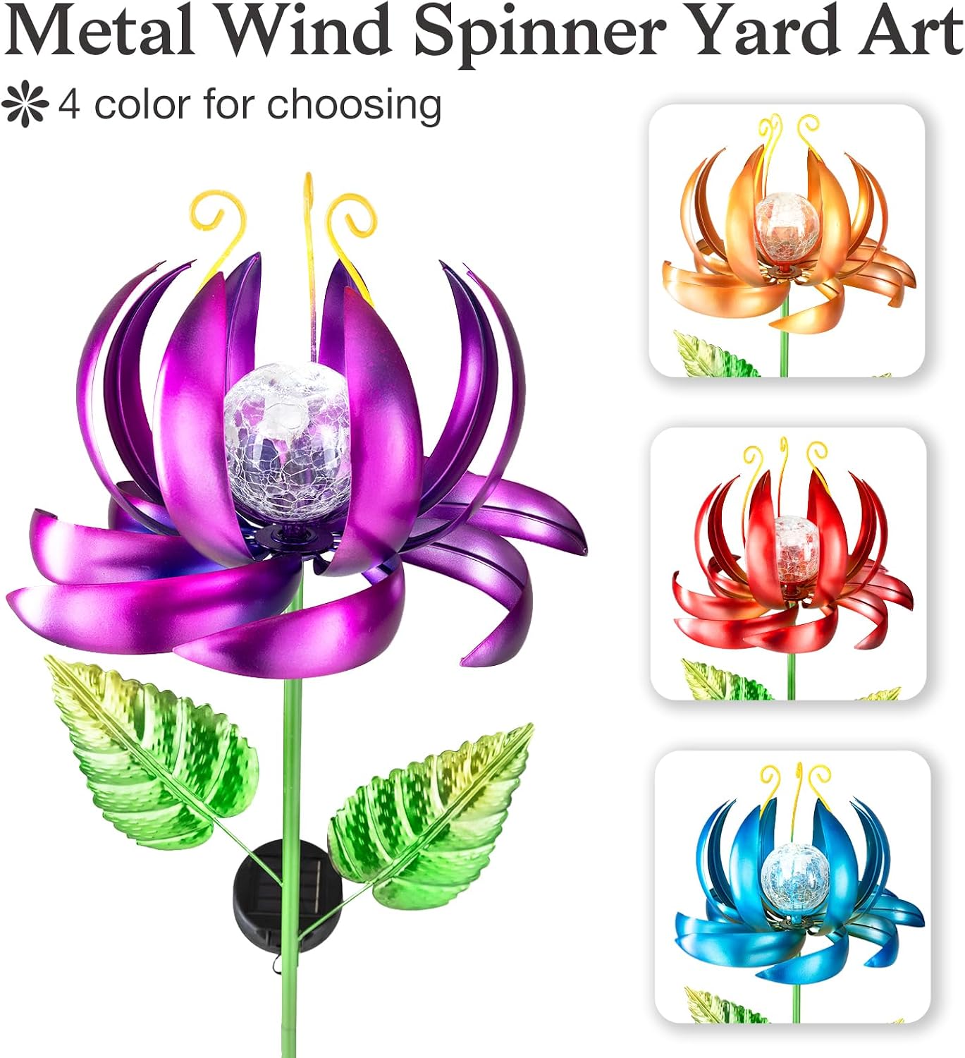 Solar Yard Lights Wind Spinners- Metal Lotus Flower Garden Decor LED Crackle Glass Globe Yard Art Sculpture Solar Stake Lights for Patio Pathway Lawn Walkway (Purple-Large)